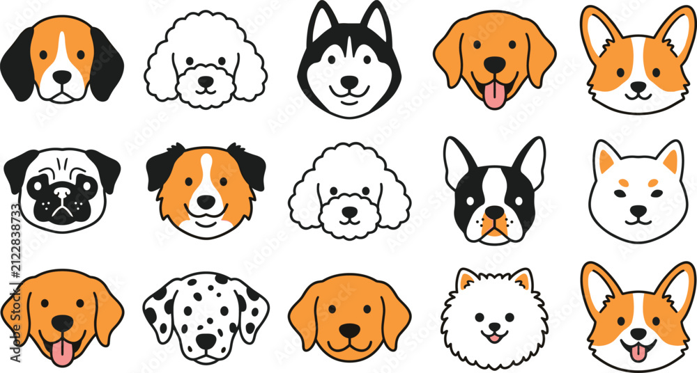 Fototapeta premium Cute Dog Breeds Avatar Set with Flat Vector Cartoon Puppy Faces, Canine Head Icons for Veterinary Clinics, Pet Shop Graphics, and Web Designs