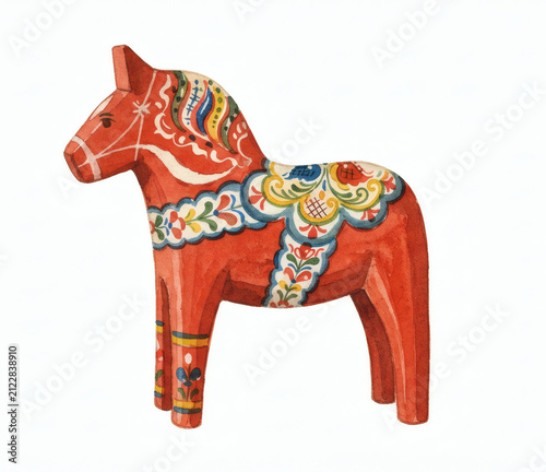 Vintage Swedish Dala Horse Wooden Figurine with Hand Painted Folk Art Kurbits Pattern Isolated on White Background