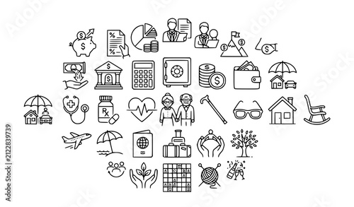 Bild auf Leinwand Retirement Planning Linear Icons Collection Editable Stroke Black Vector Illustr