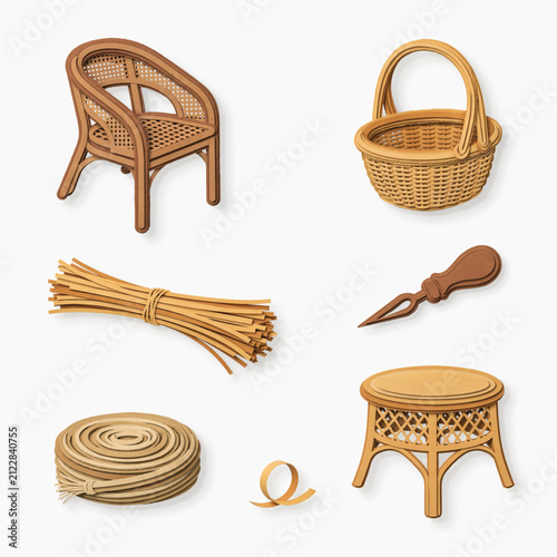 Isometric vector illustrations set of wicker furniture, basket, rattan rolls, raw materials, and weaving tool