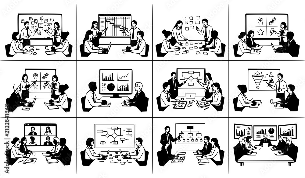 Obraz premium Business Planning Team Meeting Flat Vector Illustration Collection with Strategy Discussion