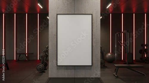 Empty vertical poster frame mockup on a concrete wall in a modern gym with red neon lighting and fitness equipment