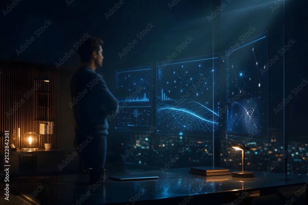 Obraz premium Businessman Analyzing Digital Data Interface in Futuristic Office at Night