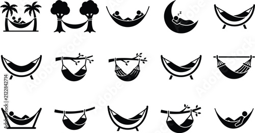 Collection of hammock icons with people relaxing and palm trees silhouette isolated on transparent background