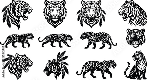 Collection of tribal style tiger heads and bodies silhouette isolated on transparent background