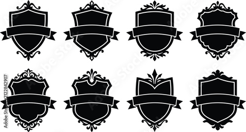 Collection of ornate black shield frames and banners silhouette isolated on transparent background