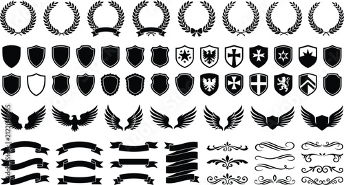Collection of heraldic shields laurel wreaths wings and ribbons silhouette isolated on transparent background