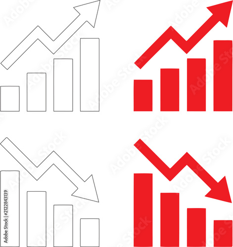 Financial chart icons showing growth and decline vector silhouette isolated on transparent background