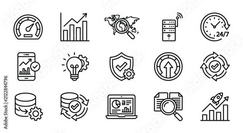Corporate Icons Set Showcasing Business Analytics Innovation Security and Growth in Monochrome Design
