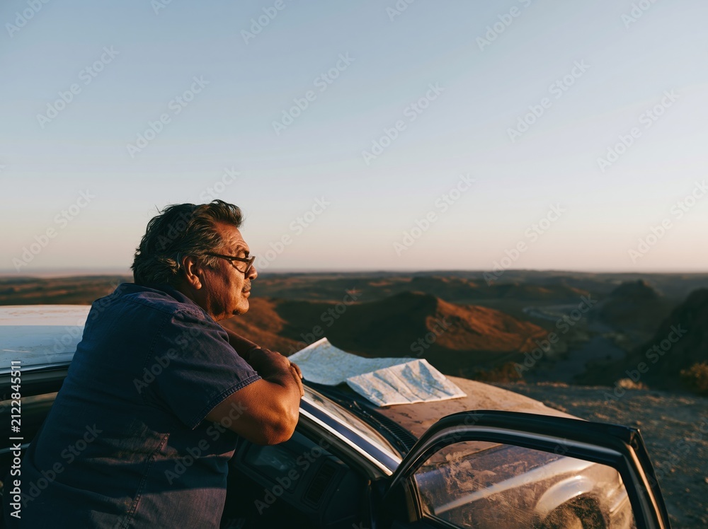 Fototapeta premium Mature man looks out over a vast desert horizon during a road trip for summer travel and retirement lifestyle campaigns, featuring golden sunset light and a dusty car