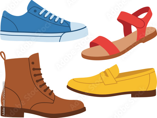 Fotografía Collection of colorful casual and footwear icons including sneaker, boot, sandal, and loafer in a clean flat vector illustration isolated on a white background