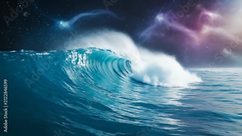 Large blue ocean wave under starry night sky
