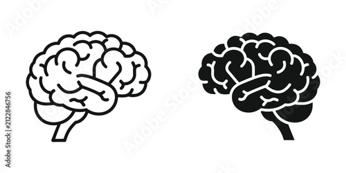 Two brain outlines one line art one solid black isolated on white background