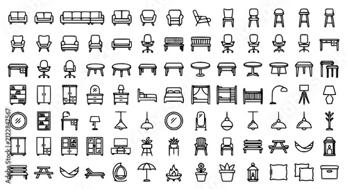 Minimalist Indoor and Outdoor Furniture Line Icons Set Editable Stroke Vector Collection