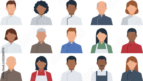 Set of diverse professional chef avatar icons representing culinary staff in various uniforms for restaurant business concepts