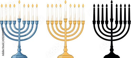 Hanukkah Menorah Vector Set with Burning Candles in Blue Gold and Silhouette Styles
