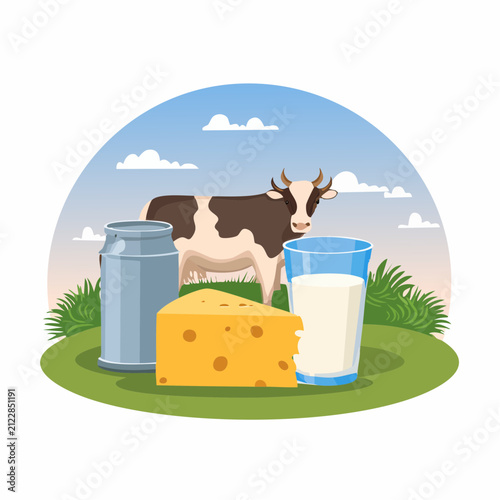 Vache et produits laitiers, illustration agricole avec lait et fromage