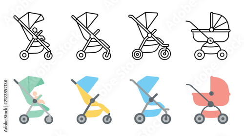 Baby Stroller Set Linear And Color Variations Silhouette