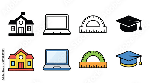 School Building Laptop Protractor And Graduation Cap Icons Silhouette