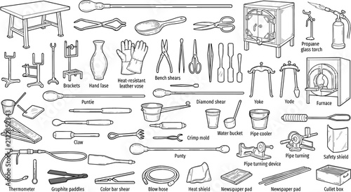 фотографія Glassblowing Studio Tools and Equipment Vector Icon Set with Furnace Blowpipe Ja