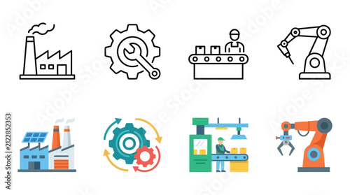 Factory Icons Set Industrial Production And Automation Line Silhouette