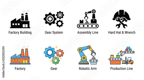 Industrial Icons Featuring Factory Buildings Gears And Assembly Lines Silhouette