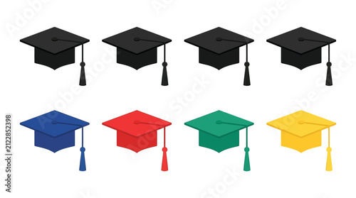 Graduation Caps In Various Colors Flat Silhouette