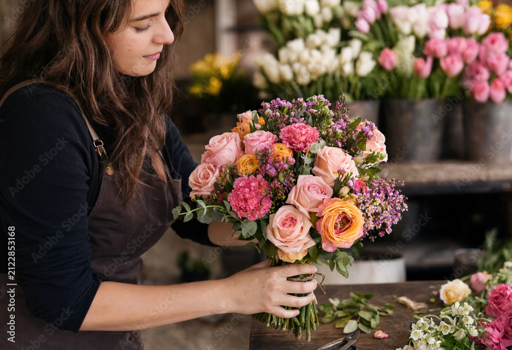 Fototapeta premium Professional florist arranging a beautiful bouquet of fresh pink and orange roses in the shop