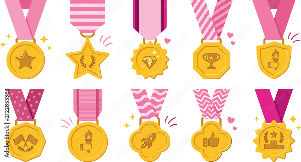 Fototapeta premium Collection of cute gold award medal vectors including star badge diamond shield and winner championship reward elements for game UI and celebration designs
