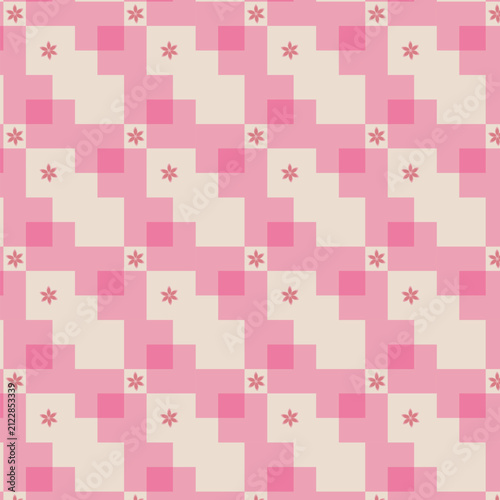 Seamless geometric  patchwork quilt pattern with pink and magenta tiles and mini star accents. Perfect for textiles, fabric design, and wrapping paper .