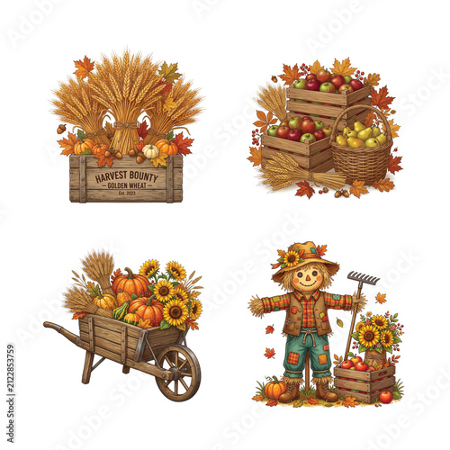 Rustic autumn harvest bounty vector set, vintage farm illustrations with scarecrow and pumpkins, fall seasonal garden elements for thanksgiving isolated on White Background