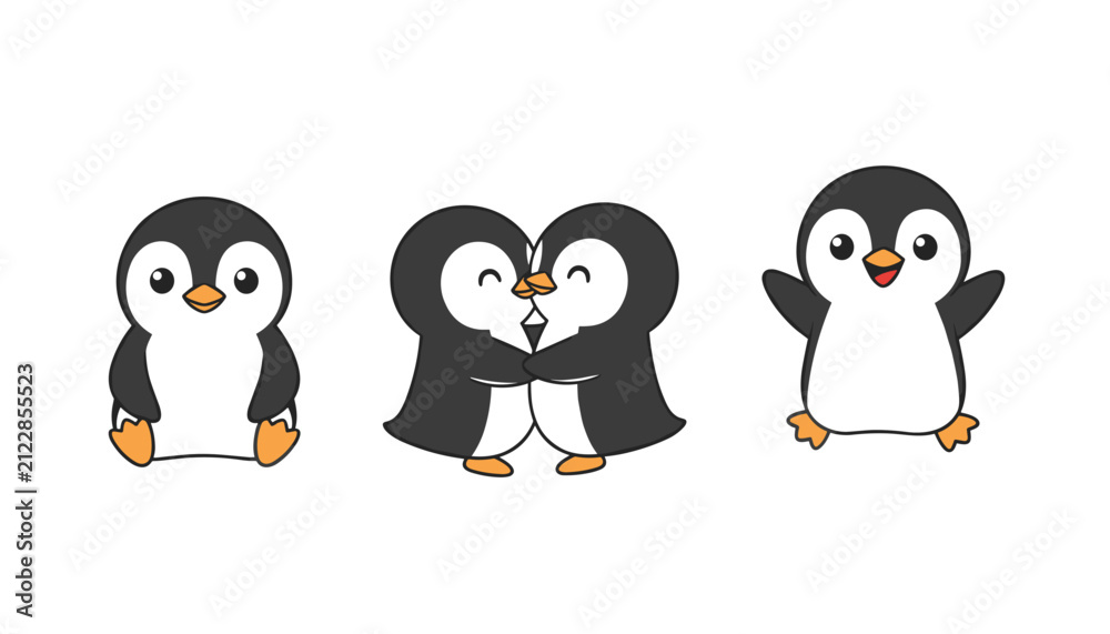Obraz premium Cute penguin cartoon characters shown in various poses including sitting, hugging, and celebrating with open arms.