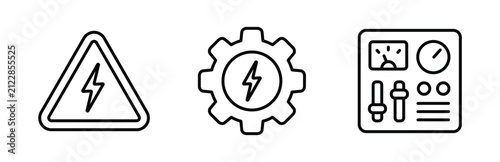 Set of electrical and engineering icons including high voltage warning sign, gear with lightning bolt, and control panel with gauges and sliders