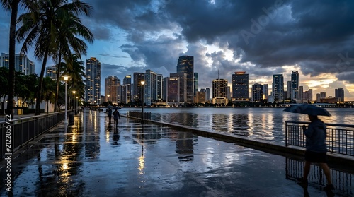 Miami Skyline Waterfront View After Tropical Rain at Twilight