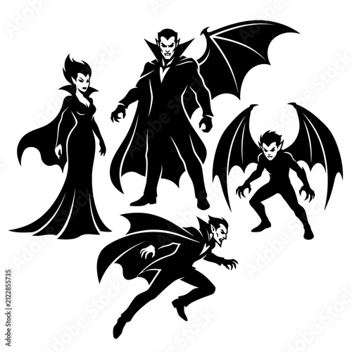 Принти на полотні Silhouette Vampire Family, Gothic Characters, Vector Set, Undead, Werewolf, Crea