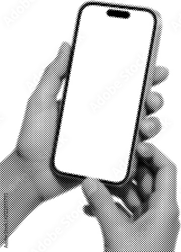 Hands holding a smartphone with a blank screen featuring a black and white halftone texture vector design