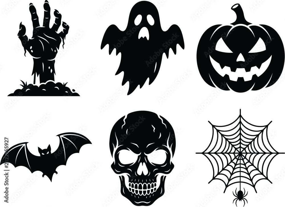Fototapeta premium Set of black and white halloween icons and scary elements