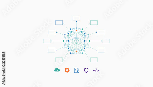 Abstract data network diagram with connected nodes, geometric sphere, text placeholders, and colorful tech icons.