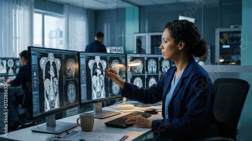 Medical Professional Analyzing MRI Scans On Multiple Computer Screens