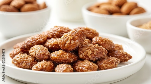 Close-up of caramelized almonds with a crunchy sugar coating.