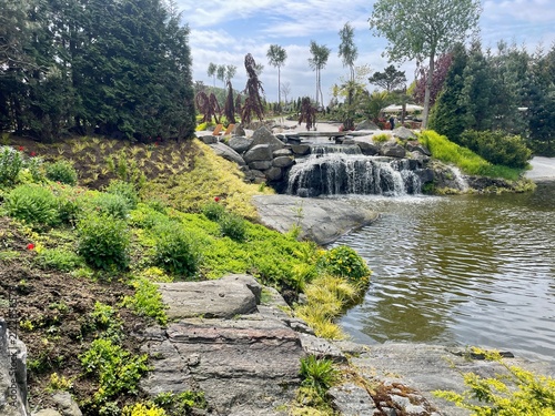 A waterfall in a beautiful botanical garden