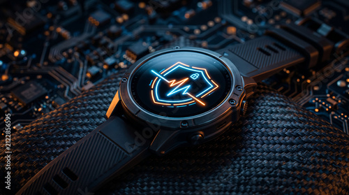 modern smartwatch displaying glowing shield lock and heartbeat pulse line on circuit board background concept of wearable technology health data privacy and digital security