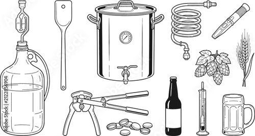 фотографія Home Brewing Equipment and Craft Beer Making Icons Set with Fermentation Jug Ket