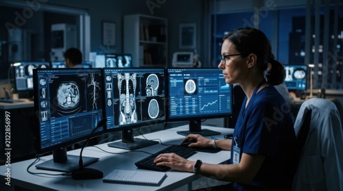 Medical Professional Analyzing Scan Images on Multiple Screens
