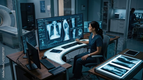 Medical Professional Analyzing Xrays On Large Screen Futuristic Hospital Environment