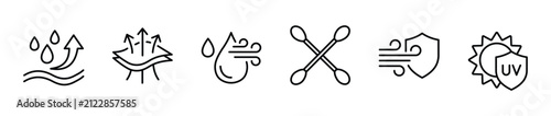 Set of thin line icons for fabric properties including moisture wicking, breathability, quick dry, cotton material, windproof and uv protection