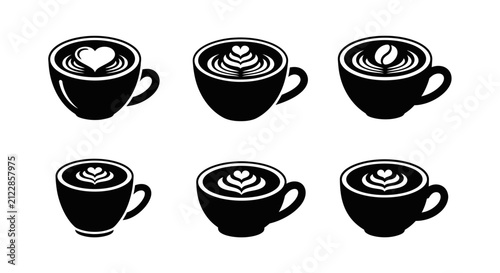 Latte art coffee cup icons with heart and bean patterns for specialty cafe branding and restaurant menu design isolated on white background for vector illustration