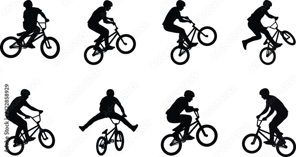 Fototapeta premium BMX Rider Silhouette Tricks Icons Set Featuring Freestyle Cycling Stunts Jumps and Extreme Sports Actions