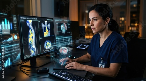 Medical Professional Analyzing Futuristic Holographic Scan Data
