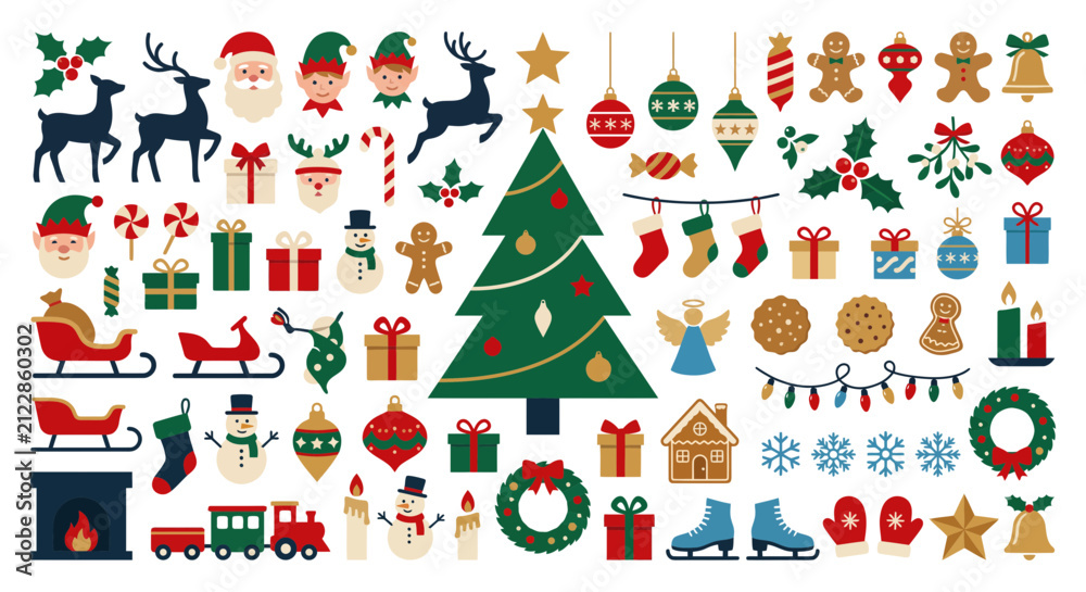 Fototapeta premium Christmas Icon Set with Flat Holiday Design Elements
